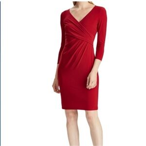 Lauren Ralph Lauren Red 3/4 Sleeve Surplice Faux Wrap Dress